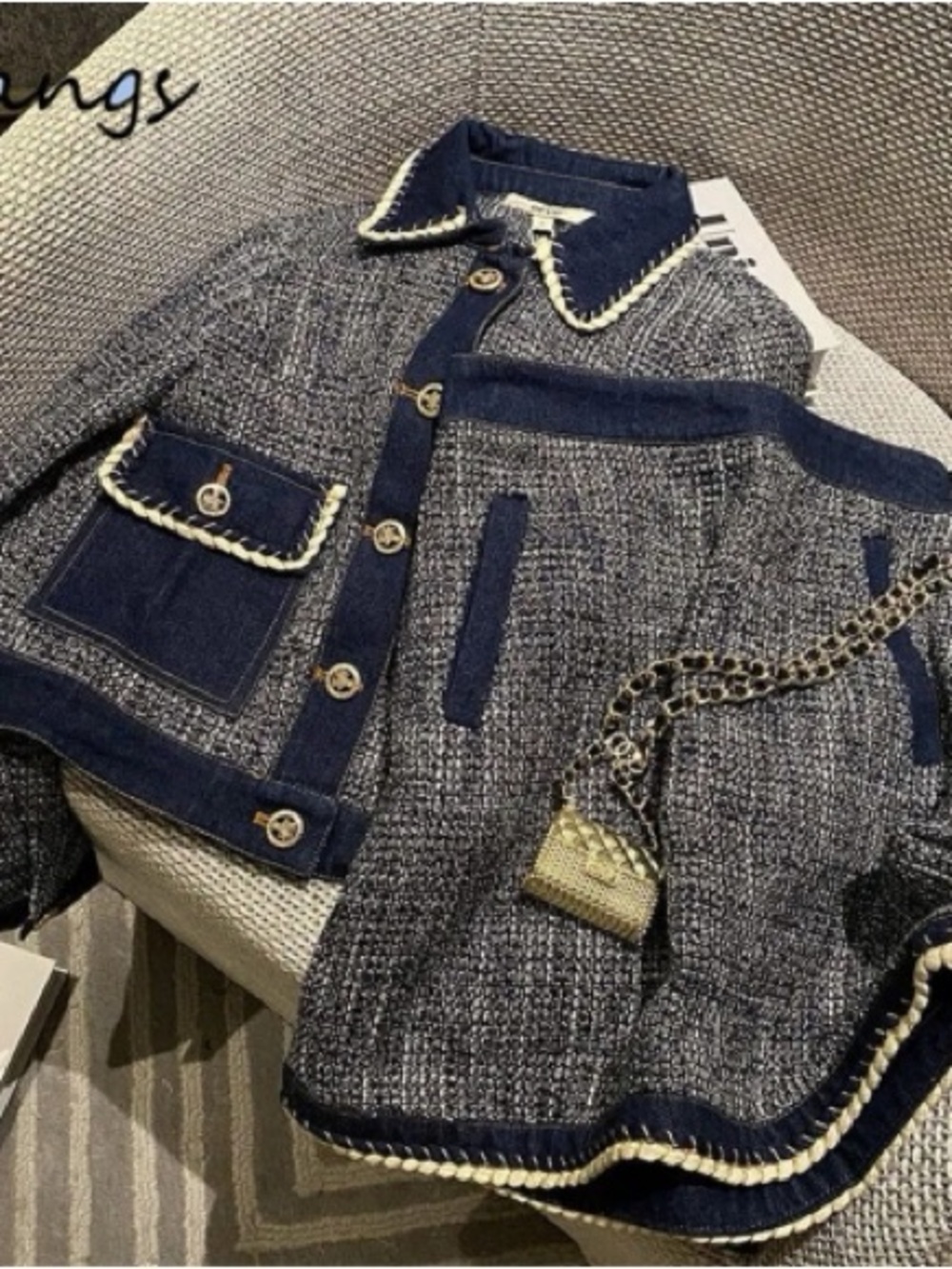 Navy & Gray Tweed 2 Pieces Set Jacket and Skirt Set